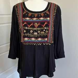 Beautiful Anthropologie embroidered and beaded high low blouse. Size 8